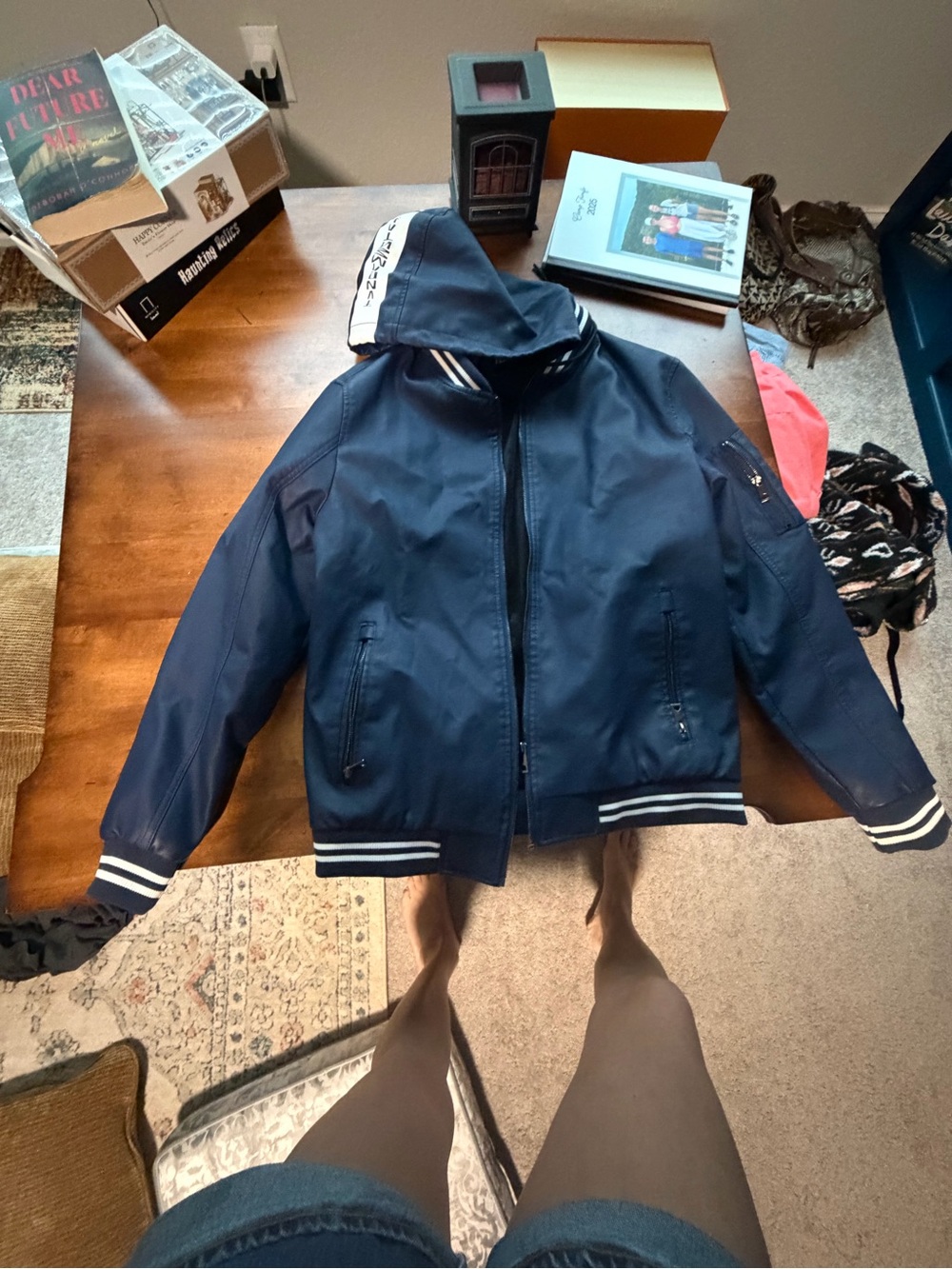 Navy Hooded Bomber Jacket with Striped Trim